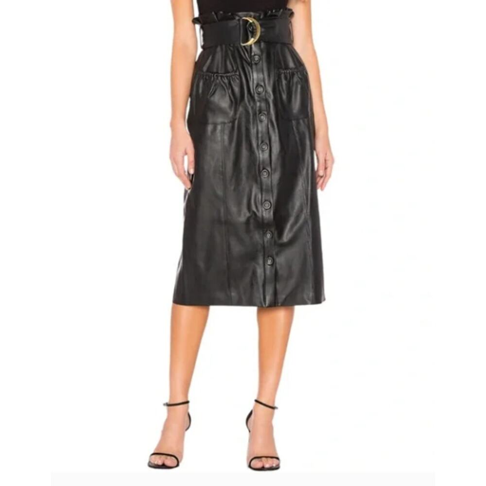 Tularosa‎ Jenna Faux Leather Midi Skirt Black Button Front Patch Pockets M